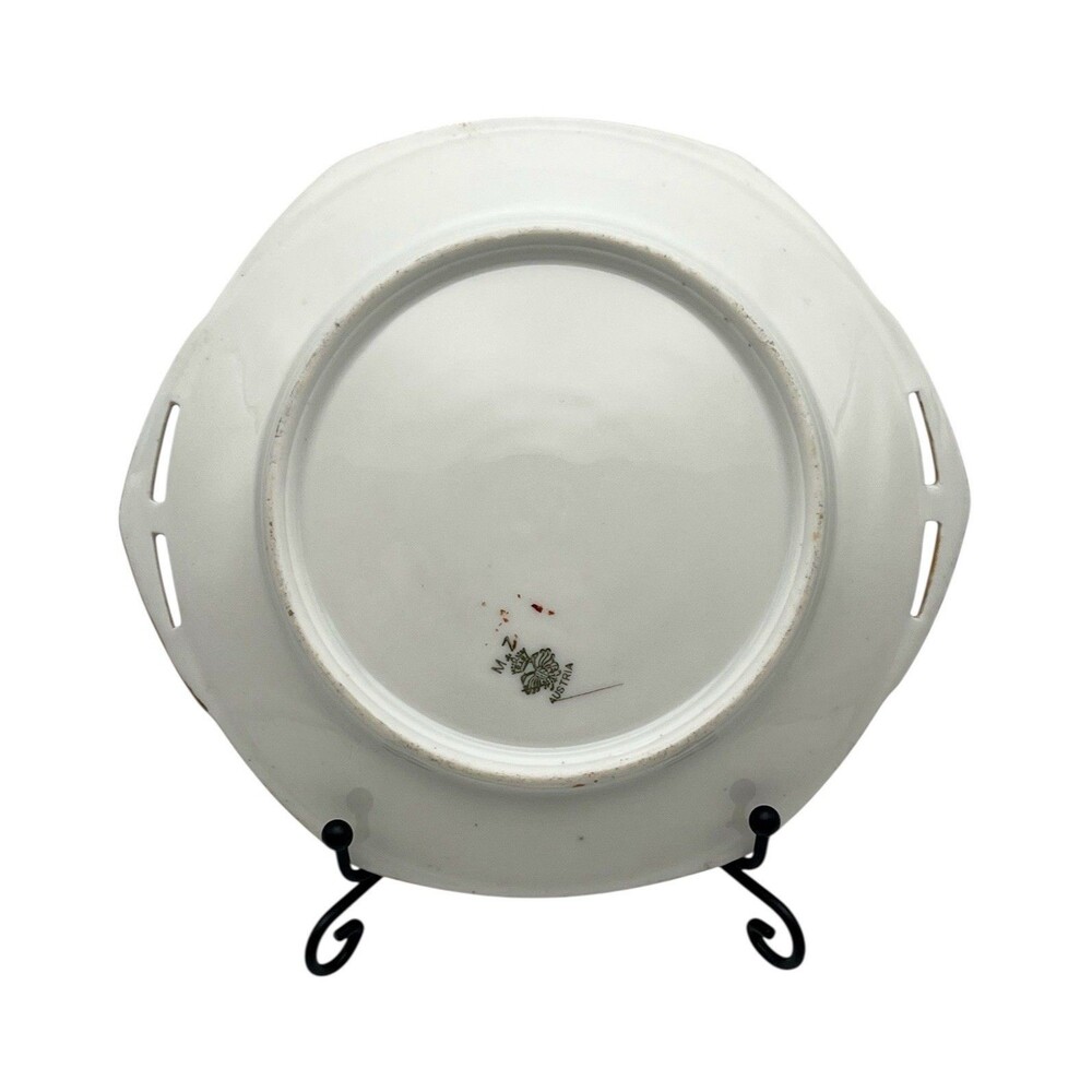 Antique MZ Austria 6.5” Porcelain Plate Floral White Gold Trim Pierced Handles - Picture 3 of 8